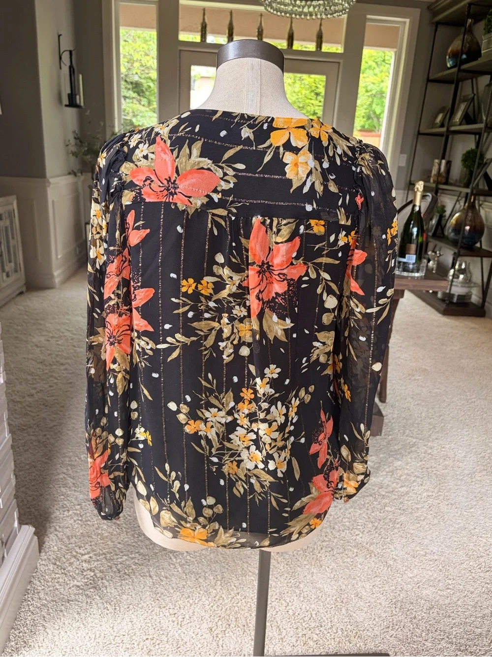 Joie Black Floral Long-Sleeve Split-Neck Blouse - Picture 4 of 7